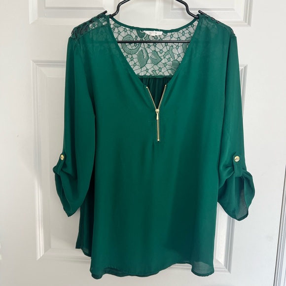 Maurices Green Blouse with V-Neck and Sheer Lace Back - Picture 1 of 5
